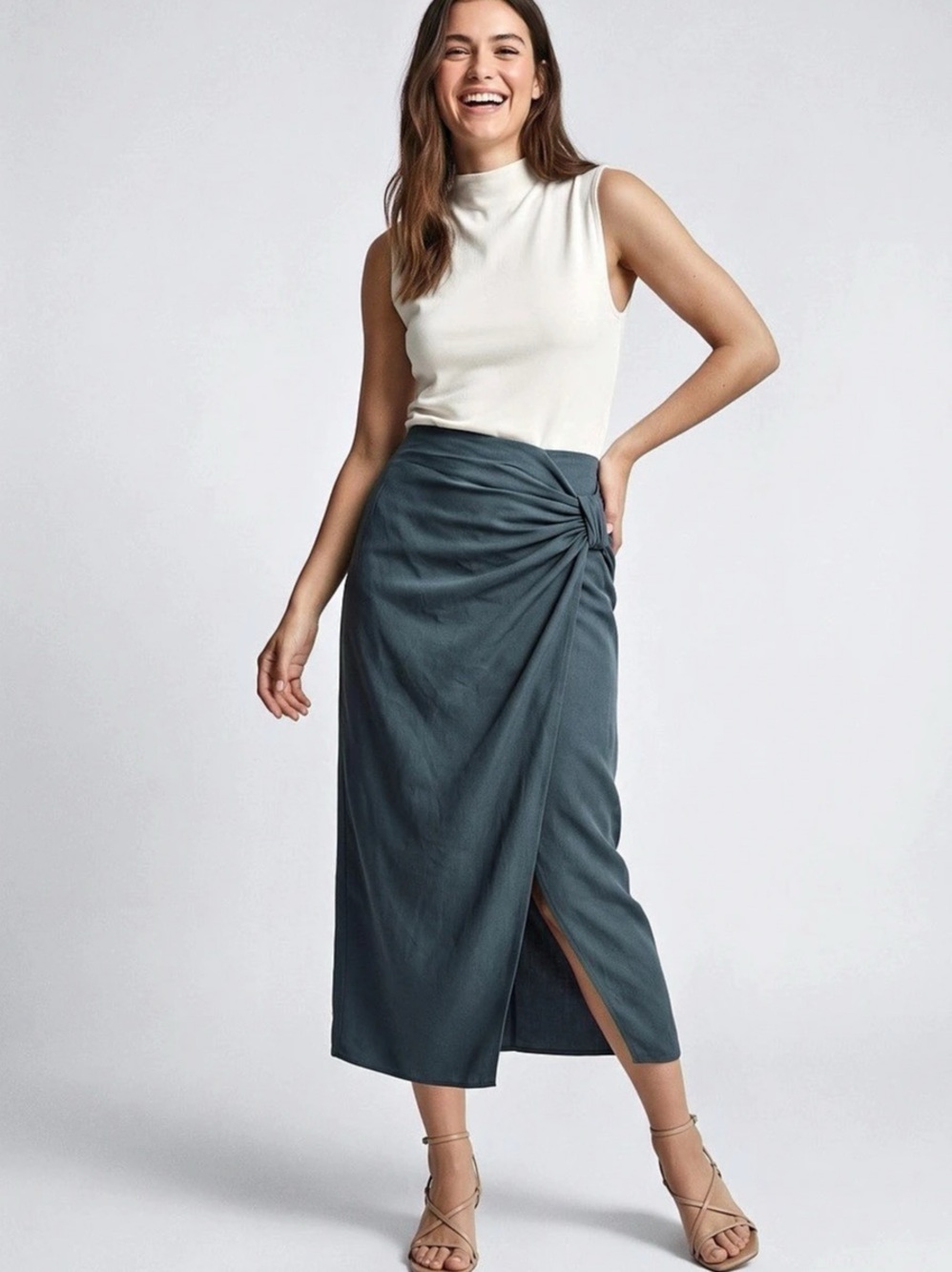 Zara Front Twist Midi Skirt Green
